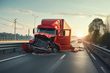 Collision of semi truck broken on highway road, accident report about Generative AI - obrazy, fototapety, plakaty
