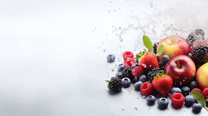 tasty fresh fruits blueberries, blackberries , apples, strawberries and currants beside text space with waterdrops