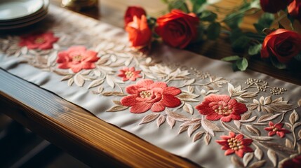 Naklejka na ściany i meble Table Topped With Floral Tablecloth