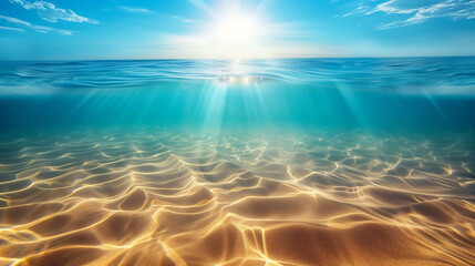 Fototapeta na wymiar Seabed sand with blue tropical ocean above and sunny blue sky, empty underwater background with the sun shining brightly, creating ripples in the calm sea water
