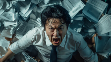 Angry Asian office worker cluttered with papers
