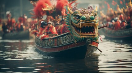 Dragon Boat Floating on Top of a Body of Water - obrazy, fototapety, plakaty