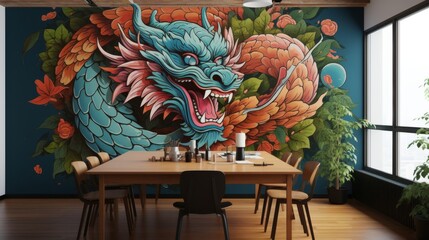 Dining Room With Dragon Painted on Wall