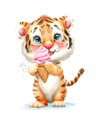 Watercolor illustration of a cute baby tiger eating ice cream on white background.