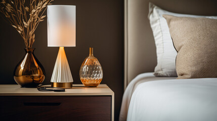 Stylish golden lamp and stationery on a wooden