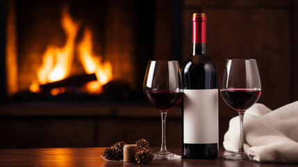 wine bottle with blank white label and wine glasses set against a backdrop of a cozy fireplace, warmth and comfort, making it ideal for showcasing fine wines for winter enjoyment