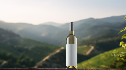 a single wine bottle with white blank labels for mockup, set against a backdrop of rolling vineyard hills in the early morning mist - obrazy, fototapety, plakaty