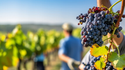 close up of vineyard worker's hands harvesting grapes under the bright, clear sky of a sunny day