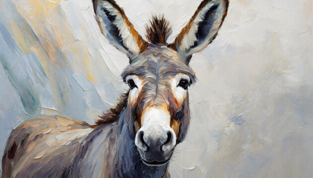 Oil painting of a donkey head on pure white background canvas, copyspace