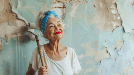 A joyful elderly woman with a blue headscarf and red lipstick is holding a paint roller near a wall with peeling paint in the midst of renovations
