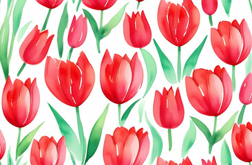 Obraz premium A pattern of red tulips of different sizes on a white background.
