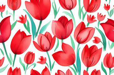 Fototapeta na wymiar Large tulip flowers of bright red color on emerald stems on a white background. Watercolour.