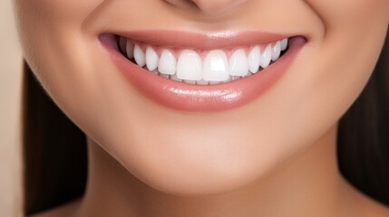 Obraz premium Beautiful female smile after teeth whitening procedure. Dental care. Dentistry concept.