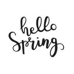 Hello Spring black linear hand draw lettering. Design for holiday greeting card and invitation.