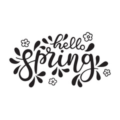 Hello Spring black linear hand draw lettering. Design for holiday greeting card and invitation.