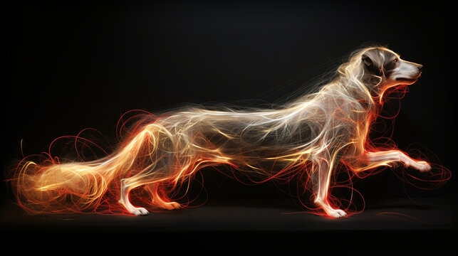 Artistic image of a dog with glowing translucent fur on a dark background.
