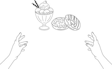 Vector Two hands craving a delicious two donut and sundae ice cream	
