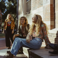 photo, college student with natural beauty, laughing, fashionable clothes, hips to head, sitting on the curb at the entrance of the college, her friends standing nearby