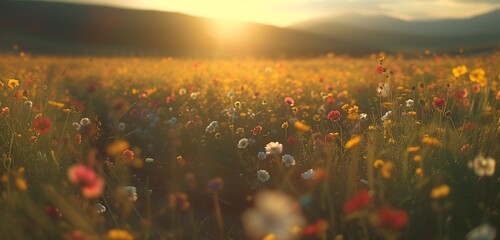 A field of wildflowers stretching endlessly towards the horizon, their colorful petals swaying...