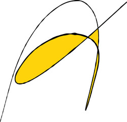 A - Eine abstrakte, gelbe Form aus Rundungen, Kurven und einer ungleichmäßigen, schwarzen, handgezeichneten Linie. 