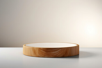 A wooden round product podium on a polished white surface. (Generative AI)
