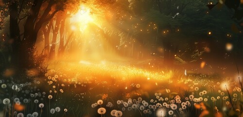 A serene meadow bathed in the golden light of sunset, dotted with dandelions swaying gently in the breeze.