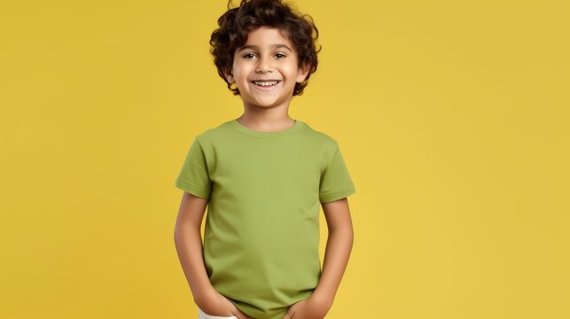 Full body little small smiling happy boy 6-7 years old wearing green t-shirt hod hands crossed folded look camera isolated on plain yellow background studio Mother's Day love family lifestyle concep