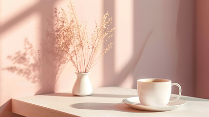 Cup of coffee on the table in the sunset time. Summer coffee break wallpaper 