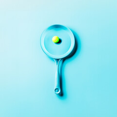 Creative artwork of a pan with tennis ball in the style of sport concept isolated on the blue pastel background.  Conceptual sport minimal art wallpaper with copy space.