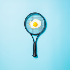 Creative artwork of a tennis racquet with eggs in the style of tennis ball isolated on the blue pastel background.  Conceptual sport minimal art wallpaper with copy space.