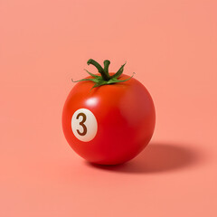 Red tomato like a billiard ball with number three isolated on pastel pink background. Sport billiard competition wallpaper artwork