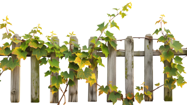an old wooden fence overgrown with a weaving green autumn ivy yellowing leaves, isolated on transparent background