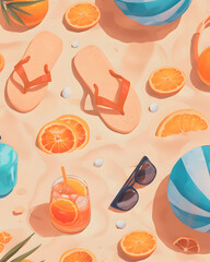Concept summer background with slippers, slices of orange, beach ball, cocktails  and sunglasses, on the sandy beach. Vacation conceptual artwork