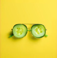 Minimal design of sliced cucumber on an eyeglass frames in the style of cosmetic skin care treatments isolated on the yellow pastel background with copy space. 