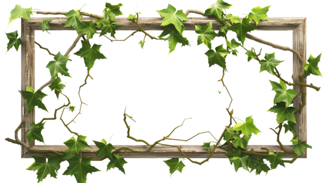 picture frame with summer climbing ivy with green foliage with shadow, isolated on transparent background