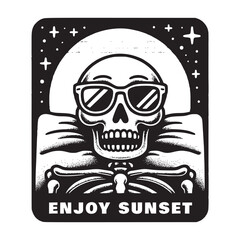 retro art style skeleton sleeping in beach sunset on vacation vector illustration