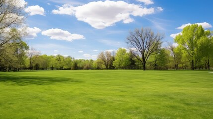 Serene landscape of a lush green park on a sunny day. Vibrant green landscape under a bright blue sky with fluffy white clouds