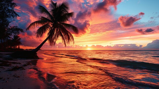 Sunset at a serene beach with a lone palm tree. Breathtaking view of sunset at tropical beach with palm silhouette.