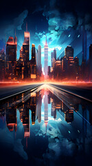 Modern city at night with reflection on the road. 3D rendering