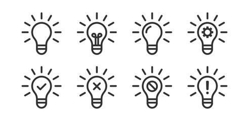 Light bulb icon. Idea, creative, innovation bulb. Electric energy. Bright lamp. Block, cancel, gear, check mark, exclamation mark signs. - obrazy, fototapety, plakaty