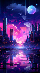 Night city with neon lights. Futuristic cityscape.  illustration.
