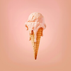 Melting ice cream with cone isolated on pastel peach color background. Summer concept wallpaper