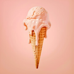 Melting ice cream with cone isolated on pastel peach color background. Summer concept wallpaper