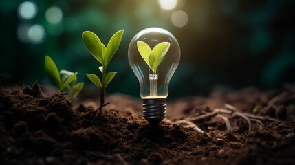 Light bulb is located on the soil, and plant are growing with growth graph.Renewable energy generation is essential in the future. Alternative sources of energy.Green energy development. - obrazy, fototapety, plakaty