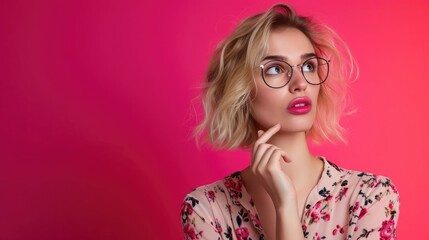 A pensive young woman with wavy blonde hair, wearing glasses and floral attire, poses thoughtfully against a vibrant pink background