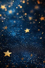 Shiny background with golden stars, in the style of dark indigo and light beige, glittery.