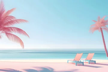 Fototapeten Beautiful sunny sandy beach with palm trees and georgios ocean view with crystal clear sky and turquoise water. Summer vacation wallpaper © Emir