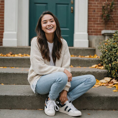 photo, college student with natural beauty, laughing, fashionable clothes, hips to head, sitting on the curb at the entrance of the college, her friends standing nearby