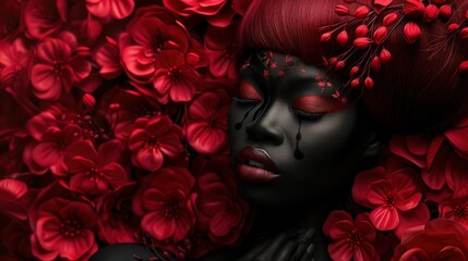 black shiny skin woman with red flowers, elegance fashion portrait of pretty African woman, Generative Ai