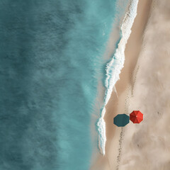Lonely red umbrella on the sandy beach with fabulous waves of turquoise ocean. Summer vacation wallpaper